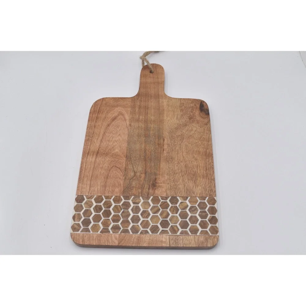 Handcrafted Mango Wood Honeycomb Inlay Charcuterie Board‎ Serving Tray Brown